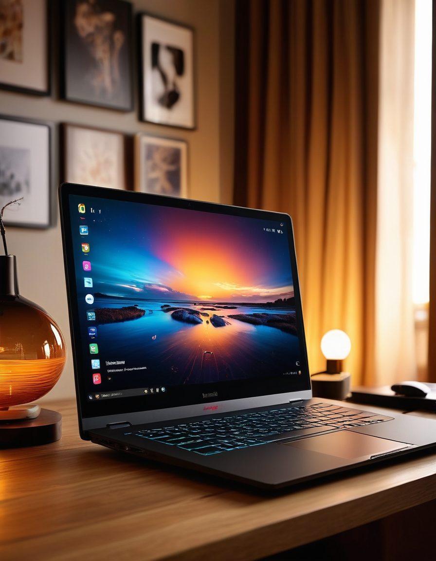 A sleek, modern laptop displaying a vibrant adult streaming interface, surrounded by ambient lighting in a cozy room. Include elements like seductive silhouettes in the background and enticing decor to evoke a sense of intimacy. Incorporate various streaming icons or symbols subtly in the design. super-realistic. vibrant colors. cozy atmosphere.